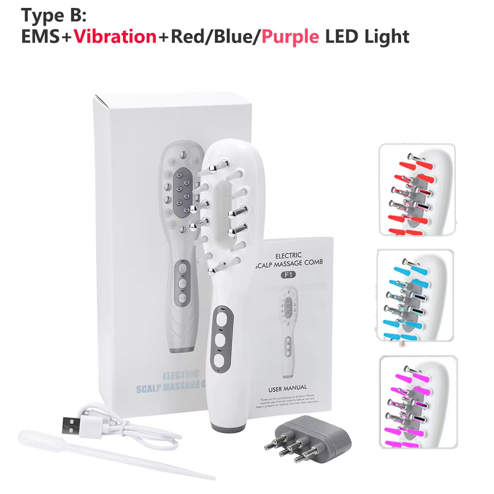 Electric Scalp Massage Comb Blue Red LED Light Therapy EMS Scalp Massager Anti-Hair Loss Oil Applicator Hair Massage Brush