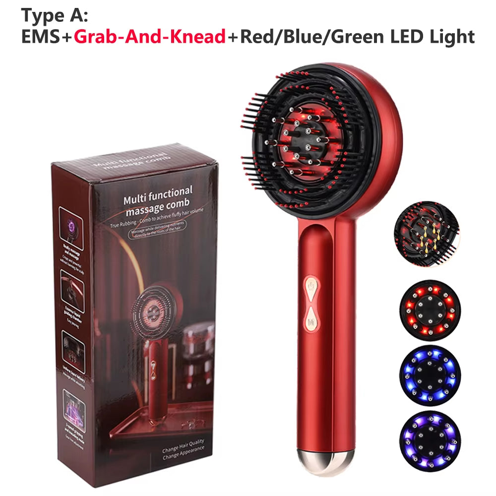 Electric Scalp Massage Comb Blue Red LED Light Therapy EMS Scalp Massager Anti-Hair Loss Oil Applicator Hair Massage Brush